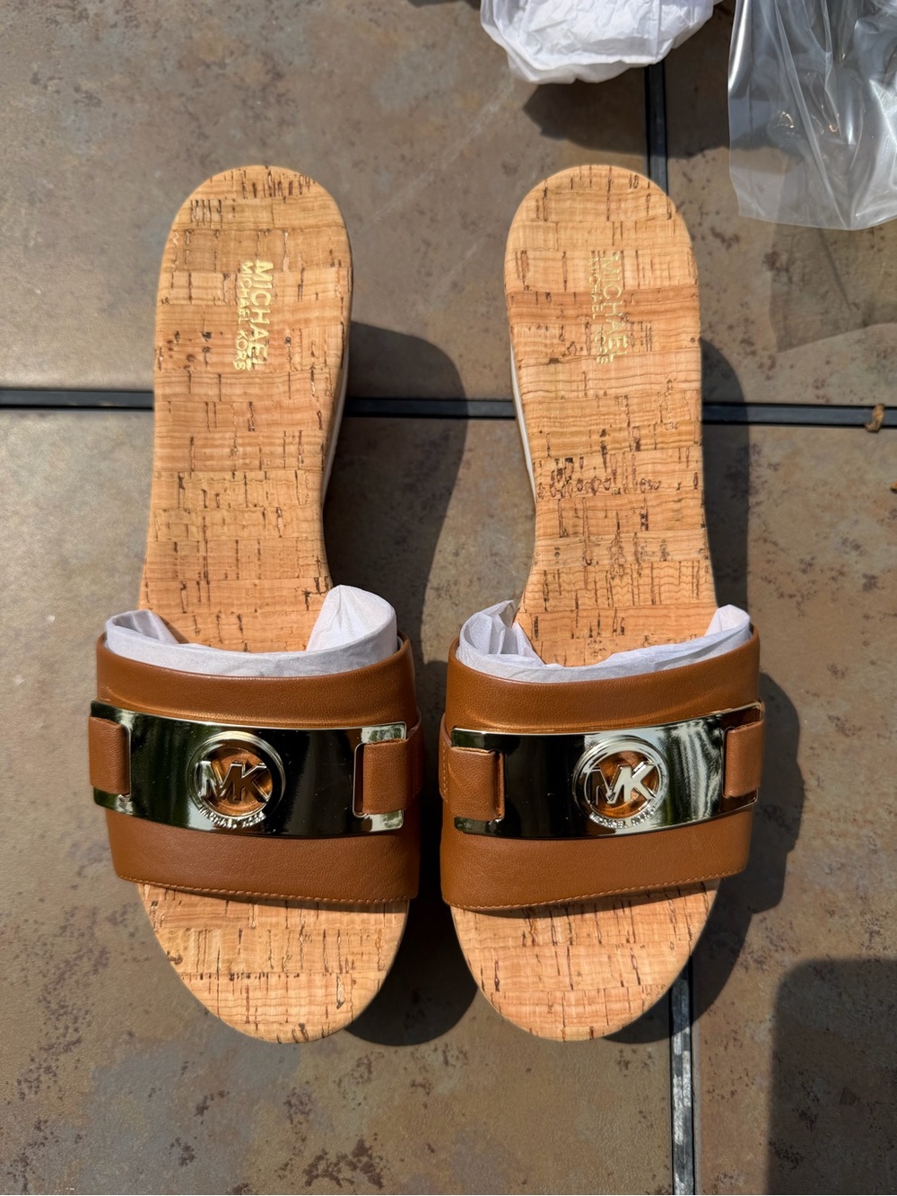 Authentic Michael Kors Brown Slide Sandals with Gold Accent